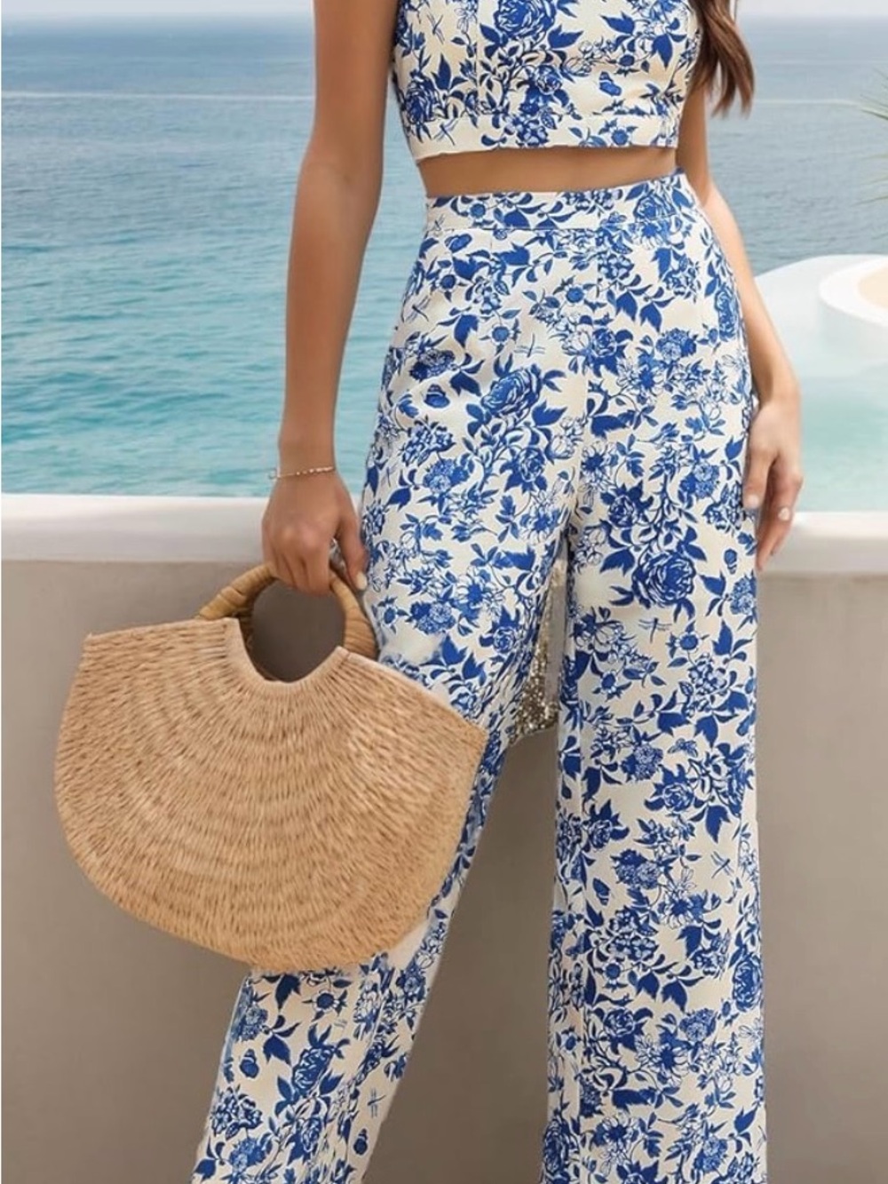 Blue Floral Wide-Leg Pants for Women